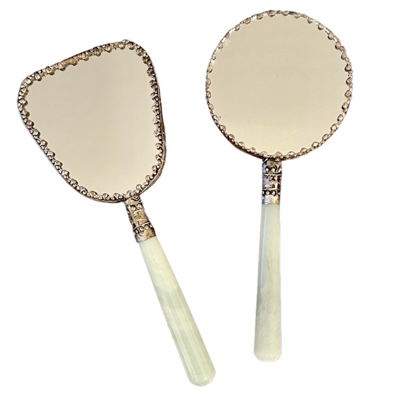 Vintage set of 2 Asian hand mirrors with jade handles - Picture 2 of 2